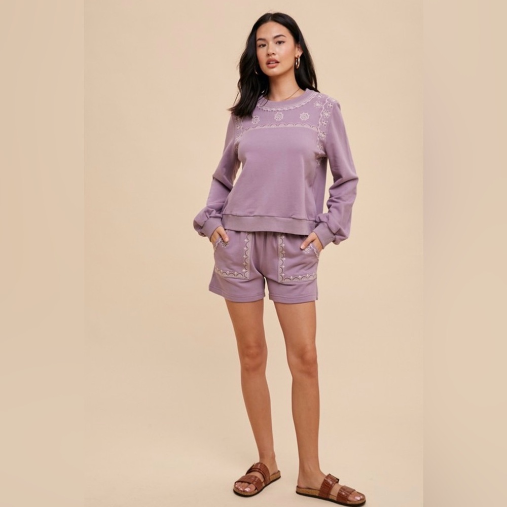 Lavender Embroidered Crewneck and Shorts Set-NWT